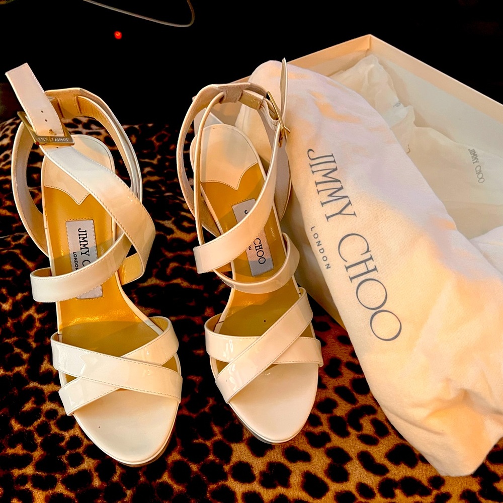 Jimmy Choo white patent leather high heeled sandals. Size 8